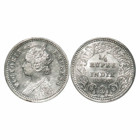 Victoria Empress, Silver, 1/4 Rupee, 1893, Calcutta Mint, C/II, 'C' incused, Die crack on 