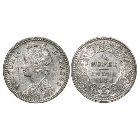 Victoria Empress, Silver, 1/4 Rupee, 1894, Calcutta Mint, C/II, 'C' incused. F. Prid 399. 