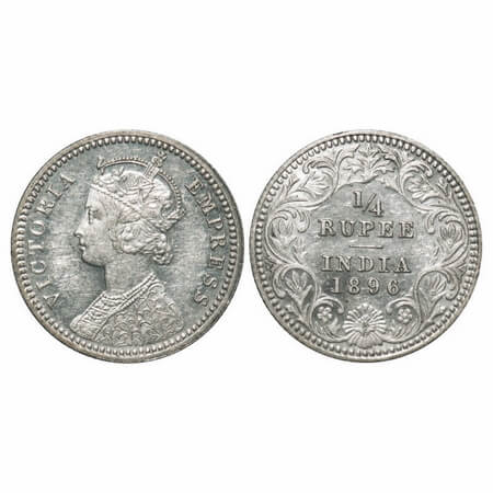 Victoria Empress, Silver, 1/4 Rupee, 1896, Calcutta Mint, C/II, 'C' incused. F. Prid 400. 