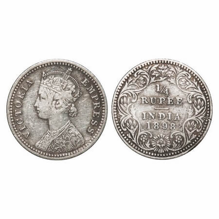 Victoria Empress, Silver, 1/4 Rupee, 1898, Calcutta Mint, C/II, 'C' incused. F. Prid 402. 