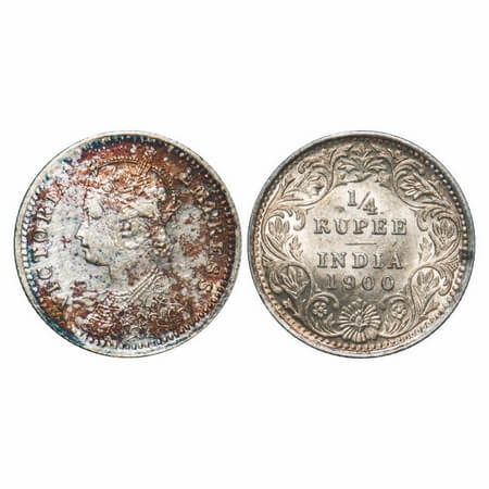 Victoria Empress, Silver, 1/4 Rupee, 1900, Calcutta Mint, C/II, 'C' incused. F. Prid 403. 