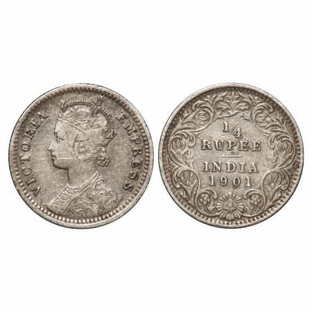 Victoria Empress, Silver, 1/4 Rupee, 1901, Calcutta Mint, C/II, 'C' incused. F. Prid 404. 