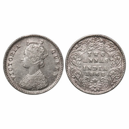 Victoria Queen, Silver, 2 Annas, 1862, Calcutta Mint, A/I, Bottom flower 3 petal same size