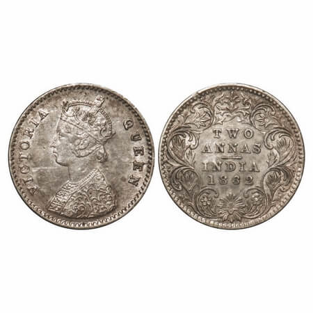 Victoria Queen, Silver, 2 Annas, 1862, Calcutta Mint, A/I, Bottom flower center top petal 