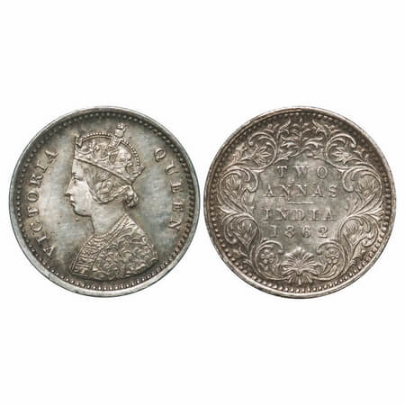 Victoria Queen, Silver, 2 Annas, 1862, Bombay Mint, A/I, Bottom flower centre top petal br