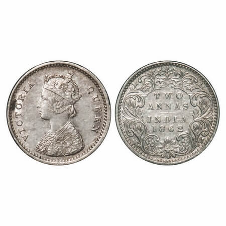 Victoria Queen, Silver, 2 Annas, 1862, Madras Mint, A/I, Bottom flower centre top petal br