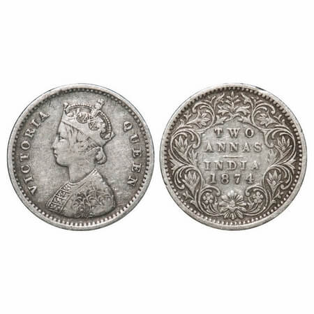 Victoria Queen, Silver, 2 Annas, 1874, Bombay Mint, A/I, No mint mark, No dot. F. Prid Unl