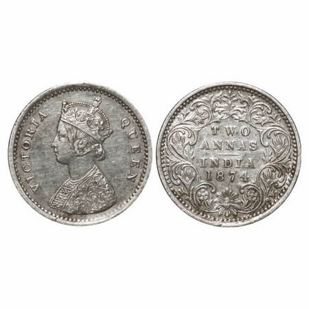Victoria Queen, Silver, 2 Annas, 1874, Bombay Mint, A/I, No mint mark, No dot. F. Prid Unl
