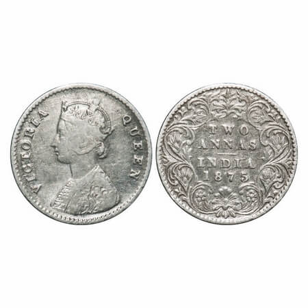 Victoria Queen, Silver, 2 Annas, 1875, Calcutta Mint, A/I, No mint mark. F. Prid 489. GK 7