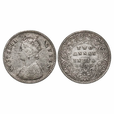 Victoria Queen, Silver, 2 Annas, 1875, Calcutta Mint, A/I, No mint mark. F. Prid 489. GK 7