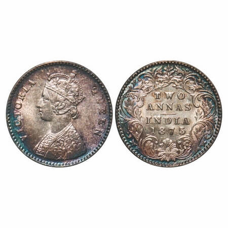 Victoria Queen, Silver, 2 Annas, 1875, Calcutta Mint, A/I, No mint mark. F. Prid 489. GK 7