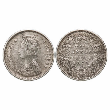 Victoria Empress, Silver, 2 Annas, 1877, Bombay Mint, A/I, Dot. F. Prid 520. GK 746. Extre