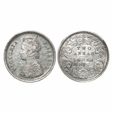 Victoria Empress, Silver, 2 Annas, 1877, Bombay Mint, A/I, Dot. F. Prid Unlisted. GK Unlis
