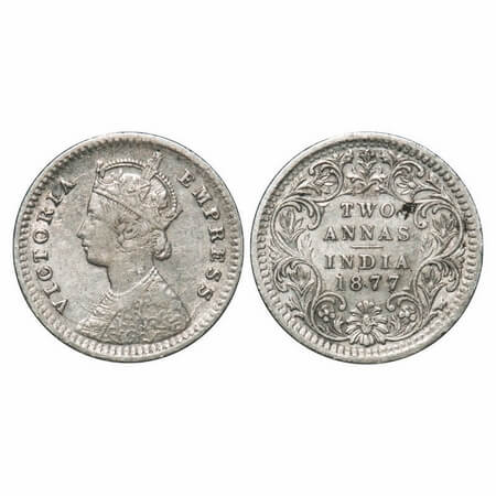 Victoria Empress, Silver, 2 Annas, 1877, Calcutta Mint, A/I, Dot, Dot on the top flower ti