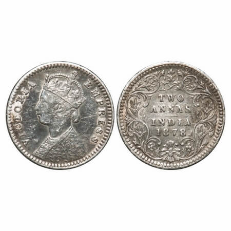 Victoria Empress, Silver, 2 Annas, 1878, Calcutta Mint, B/II, No mint mark. F. Prid 493. G