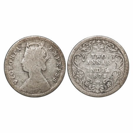 Victoria Empress, Silver, 2 Annas, 1878, Calcutta Mint, B/II, No mint mark. F. Prid 493. G