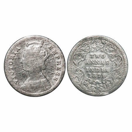 Victoria Empress, Silver, 2 Annas, 1879, Calcutta Mint, B/II, 'C' incused. F. Prid 494. GK