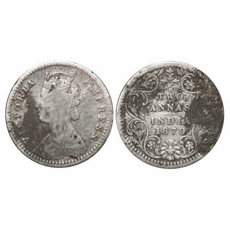 Victoria Empress, Silver, 2 Annas, 1879, Calcutta Mint, B/II, 'C' incused. F. Prid 494. GK