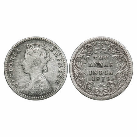 Victoria Empress, Silver, 2 Annas, 1879, Calcutta Mint, B/II, 'C' incused. F. Prid 494. GK