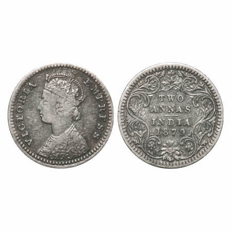 Victoria Empress, Silver, 2 Annas, 1879, Calcutta Mint, B/II, 'C' incused. F. Prid 494. GK
