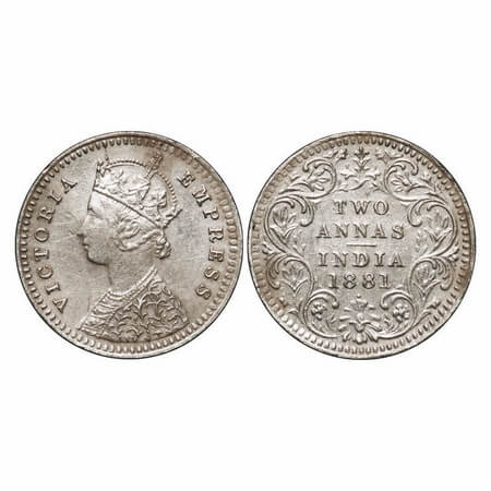 Victoria Empress, Silver, 2 Annas, 1881, Bombay Mint, B/II, Dot. F. Prid 524. GK 757. Extr