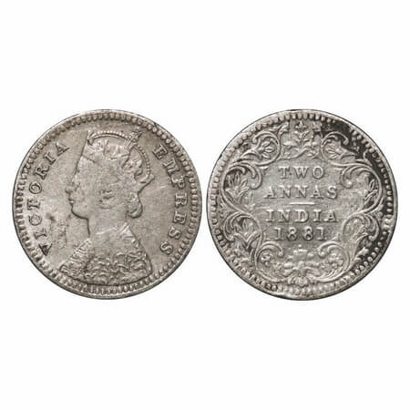 Victoria Empress, Silver, 2 Annas, 1881, Bombay Mint, B/II, Dot. F. Prid 524. GK 757. Abou
