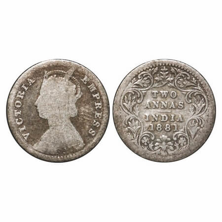 Victoria Empress, Silver, 2 Annas, 1881, Calcutta Mint, B/II, 'C' incused. F. Prid 496. GK