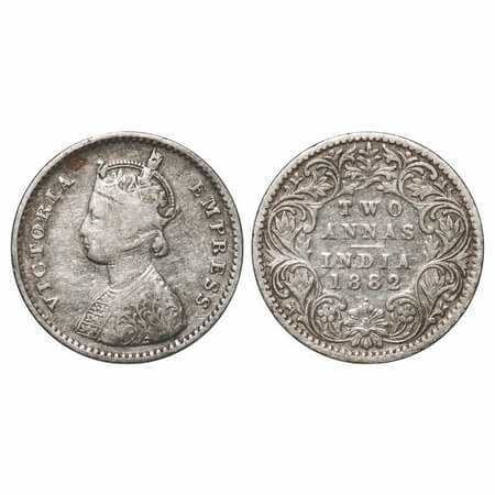 Victoria Empress, Silver, 2 Annas, 1882, Bombay Mint, A/I, Dot. F. Prid 525. GK 759. About