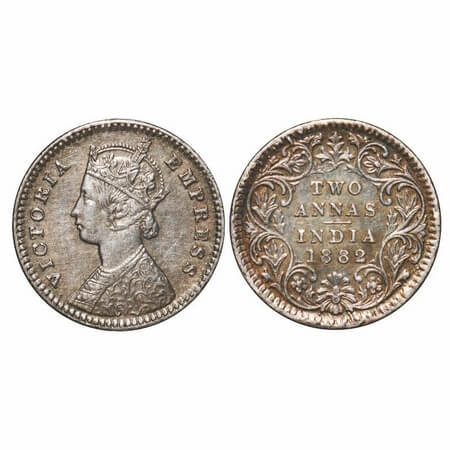 Victoria Empress, Silver, 2 Annas, 1882, Calcutta Mint, B/II, 'C' incused. F. Prid 497. GK
