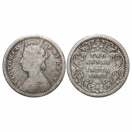 Victoria Empress, Silver, 2 Annas, 1882, Calcutta Mint, B/II, 'C' incused. F. Prid 497. GK