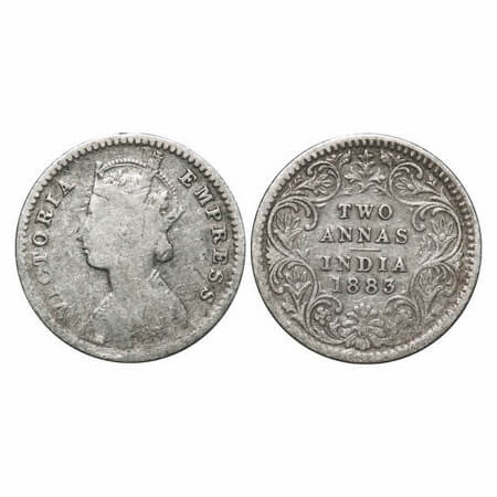Victoria Empress, Silver, 2 Annas, 1883, Calcutta Mint, B/II, 'C' incused. F. Prid 498. GK