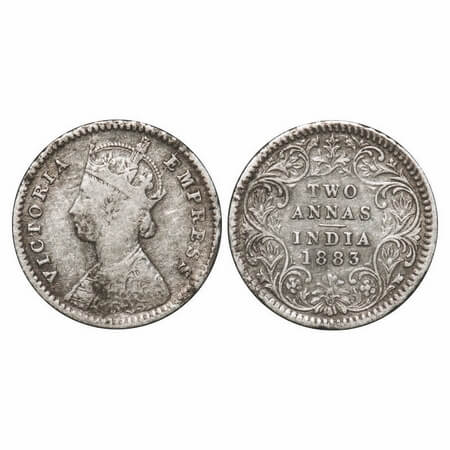 Victoria Empress, Silver, 2 Annas, 1883, Calcutta Mint, B/II, 'C' incused. F. Prid 498. GK