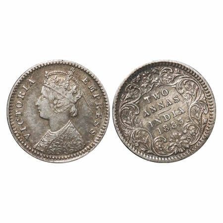 Victoria Empress, Silver, 2 Annas, 1883, Calcutta Mint, B/II, 'C' incused, Almost 11'o clo