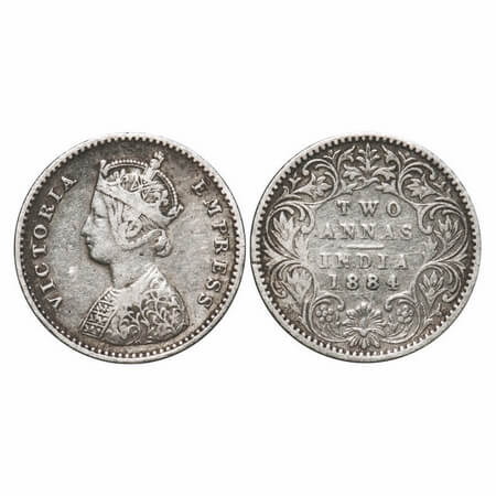 Victoria Empress, Silver, 2 Annas, 1884, Bombay Mint, A/I, Dot. F. Prid 532. GK 770. Very 