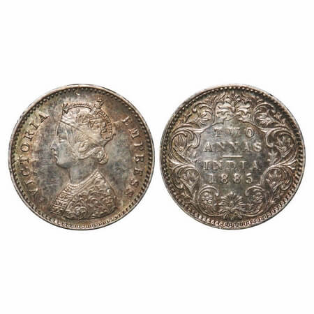 Victoria Empress, Silver, 2 Annas, 1885, Bombay Mint, A/I, 'B' raised, Die crack on Obv. F