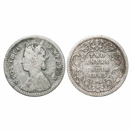 Victoria Empress, Silver, 2 Annas, 1885, Calcutta Mint, B/II, 'C' incused. F. Prid 500. GK