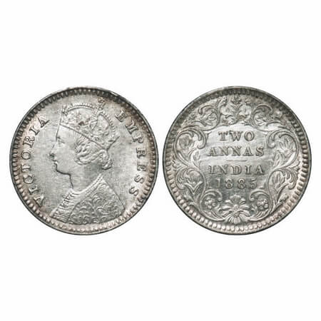 Victoria Empress, Silver, 2 Annas, 1885, Calcutta Mint, B/II, 'C' incused. F. Prid 500. GK