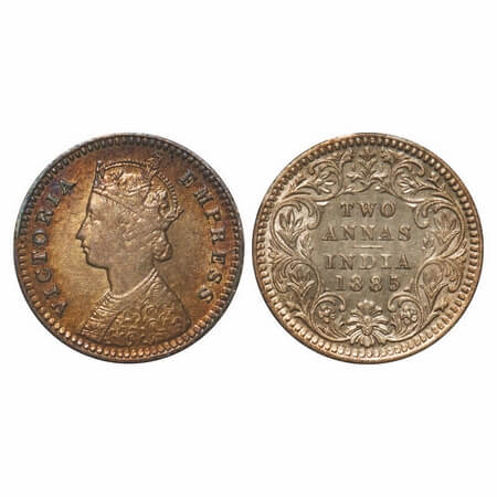 Victoria Empress, Silver, 2 Annas, 1885, Calcutta Mint, B/II, 'C' incused. F. Prid 500. GK