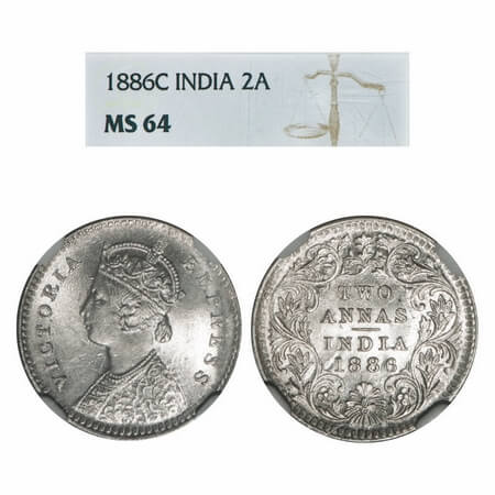 Victoria Empress, Silver, 2 Annas, 1886, Calcutta Mint, B/II, 'C' incused. F. Prid 501. GK