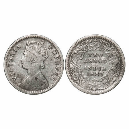 Victoria Empress, Silver, 2 Annas, 1887, Calcutta Mint, B/II, 'C' incused. F. Prid 502. GK