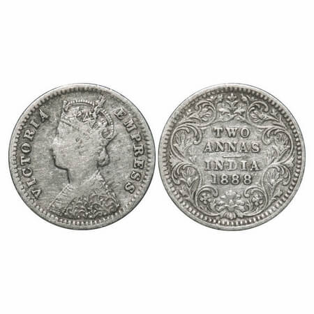 Victoria Empress, Silver, 2 Annas, 1888, Bombay Mint, B/II, 'B' incused. F. Prid 541. GK 7