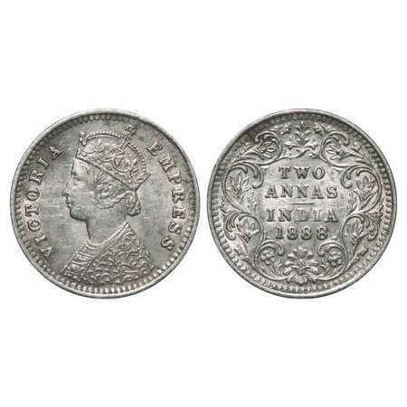 Victoria Empress, Silver, 2 Annas, 1888, Bombay Mint, B/II, 'B' incused. F. Prid 541. GK 7