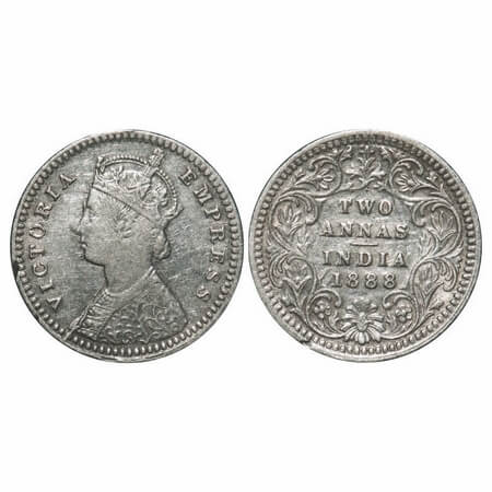 Victoria Empress, Silver, 2 Annas, 1888, Calcutta Mint, B/II, No mint mark, No C. F. Prid 