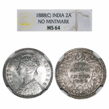 Victoria Empress, Silver, 2 Annas, 1888, Calcutta Mint, B/II, No mint mark No 'C'. F. Prid