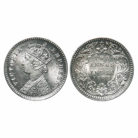 Victoria Empress, Silver, 2 Annas, 1889, Calcutta Mint, B/II, 'C' incused, Die crack on Ob