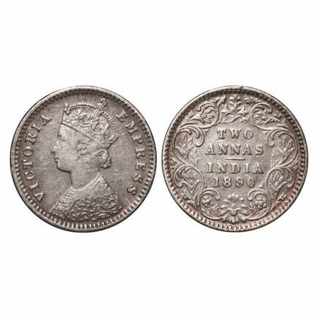Victoria Empress, Silver, 2 Annas, 1890, Bombay Mint, B/II, No mint mark, No B. F. Prid 54