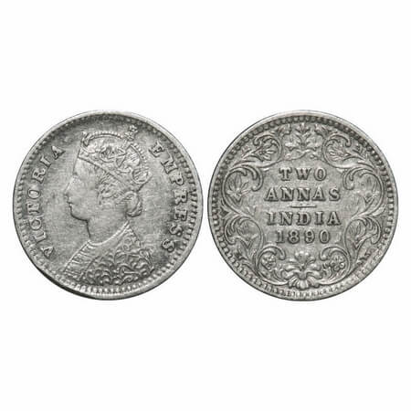 Victoria Empress, Silver, 2 Annas, 1890, Bombay Mint, B/II, 'B' incused. F. Prid 545. GK 7
