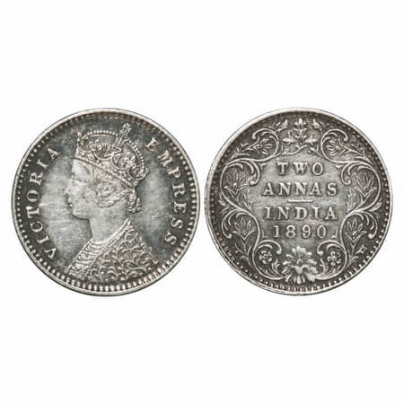 Victoria Empress, Silver, 2 Annas, 1890, Bombay Mint, B/II, 'B' incused. F. Prid 545. GK 7