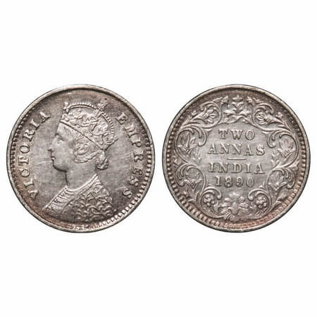 Victoria Empress, Silver, 2 Annas, 1890, Bombay Mint, B/II, 'B' incused. F. Prid 545. GK 7