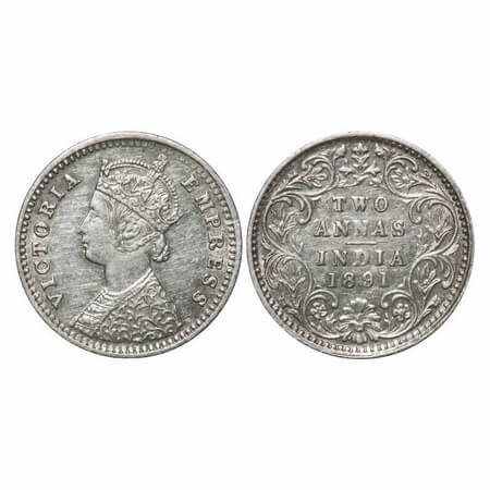 Victoria Empress, Silver, 2 Annas, 1891, Bombay Mint, B/II, 'B' incused. F. Prid 546. GK 7
